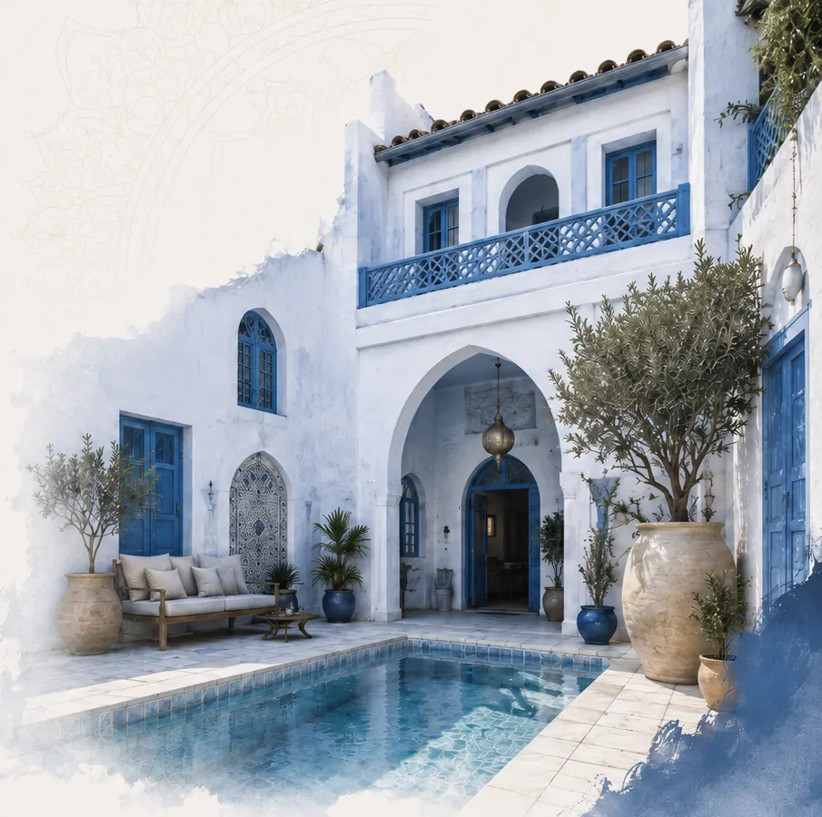 Blue riad courtyard in Chefchaouen